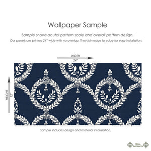 Vintage Crest wallpaper sample with ivory laurel wreaths on navy background, showcasing regal elegance for traditional interiors.