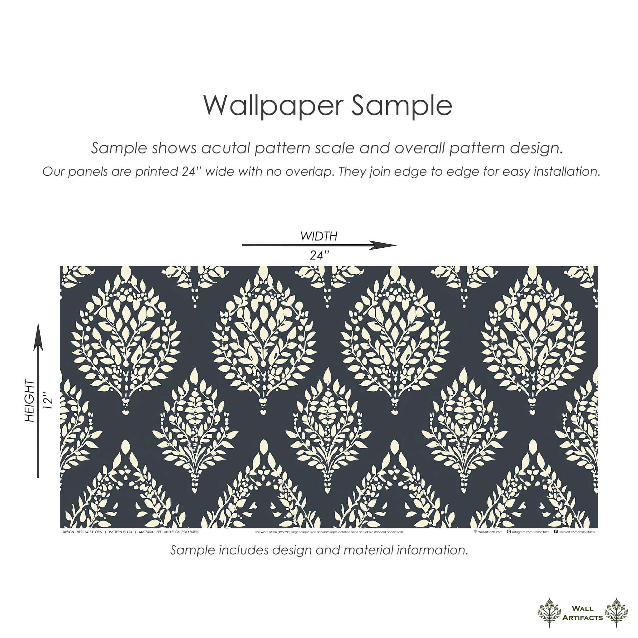 Heritage Flora wallpaper with elegant ivory laurel wreaths on charcoal, ideal for vintage floral decor in dining rooms and studies.