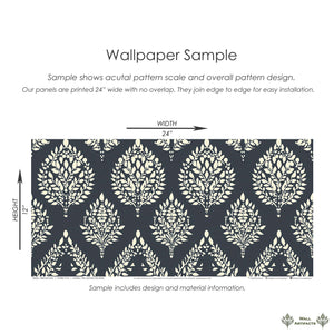 Heritage Flora wallpaper with elegant ivory laurel wreaths on charcoal, ideal for vintage floral decor in dining rooms and studies.