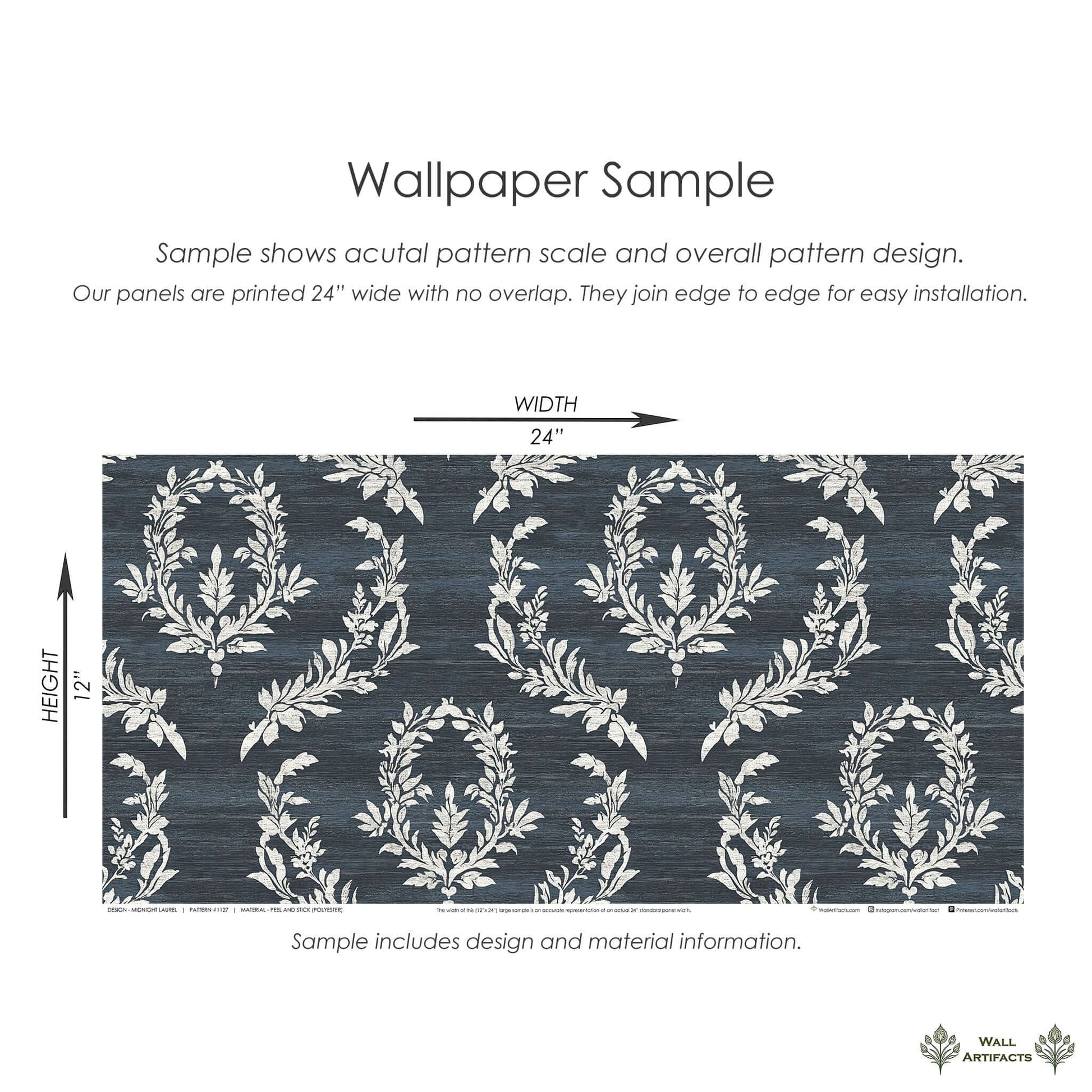 Midnight Laurel wallpaper sample with white laurel wreaths on a dark blue background, showing traditional floral design and dimensions.