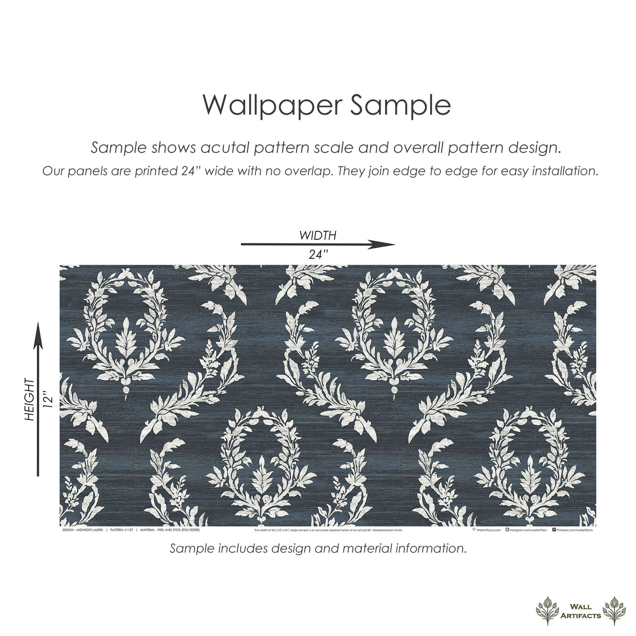 Midnight Laurel wallpaper sample with white laurel wreaths on a dark blue background, showing traditional floral design and dimensions.