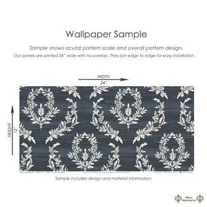 Midnight Laurel wallpaper sample with white laurel wreaths on a dark blue background, showing traditional floral design and dimensions.