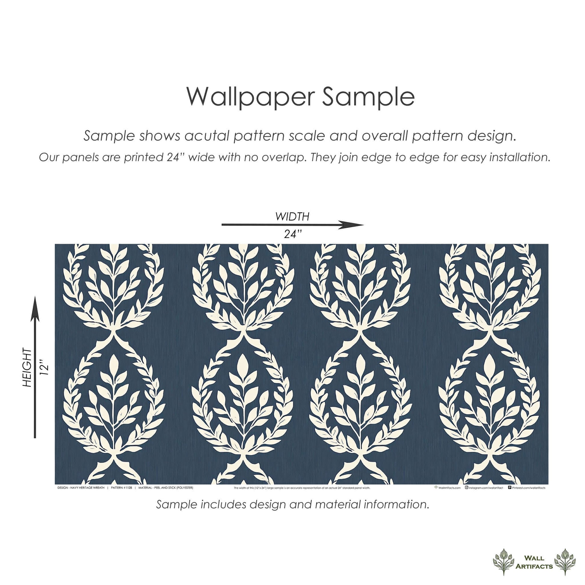 Navy Heritage Wreath Wallpaper Sample showing elegant ivory laurel wreaths on deep navy background, ideal for traditional decor.