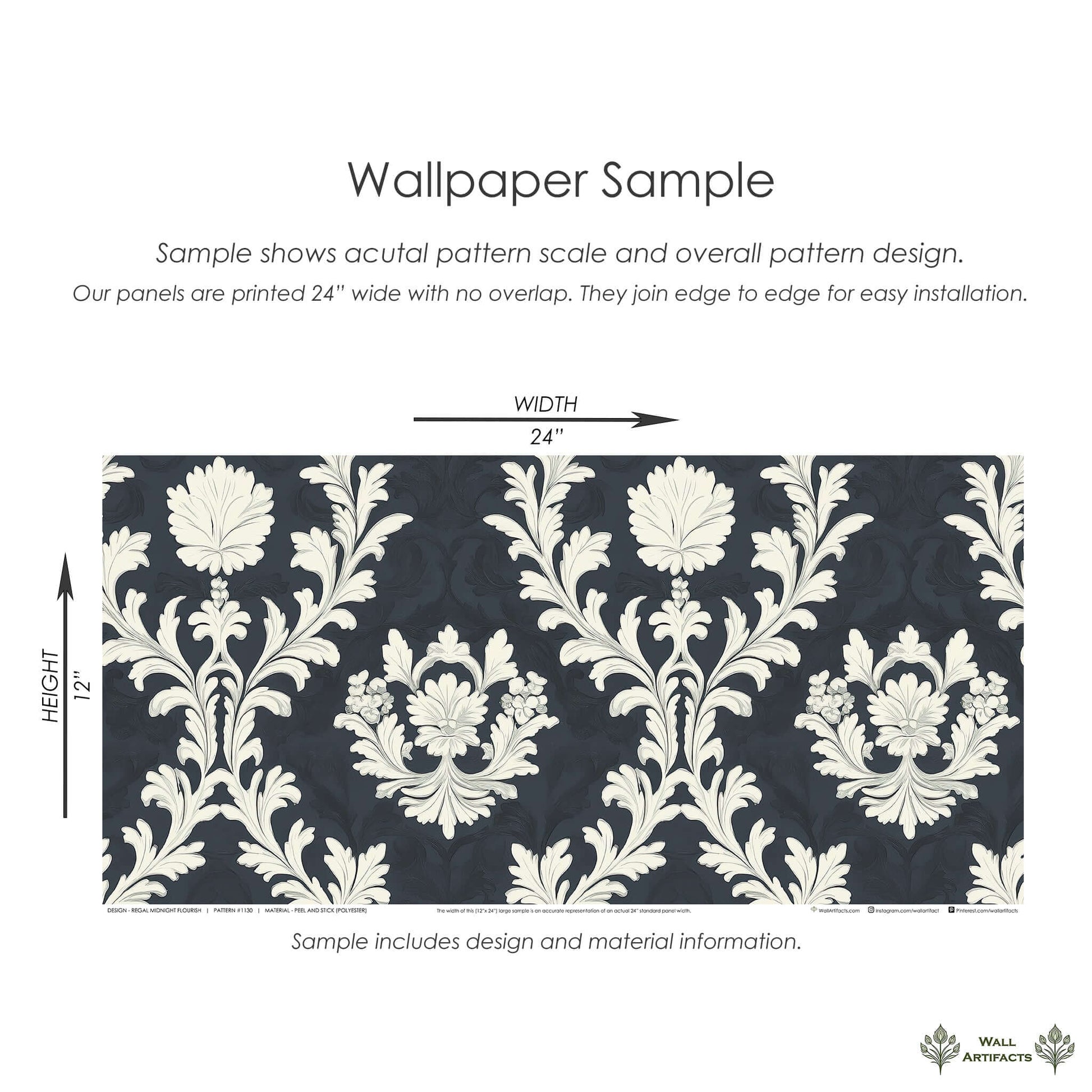 Regal Midnight Flourish Wallpaper sample with ivory damask florals on a dark background, showcasing vintage elegance for walls.