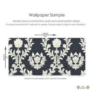 Regal Midnight Flourish Wallpaper sample with ivory damask florals on a dark background, showcasing vintage elegance for walls.