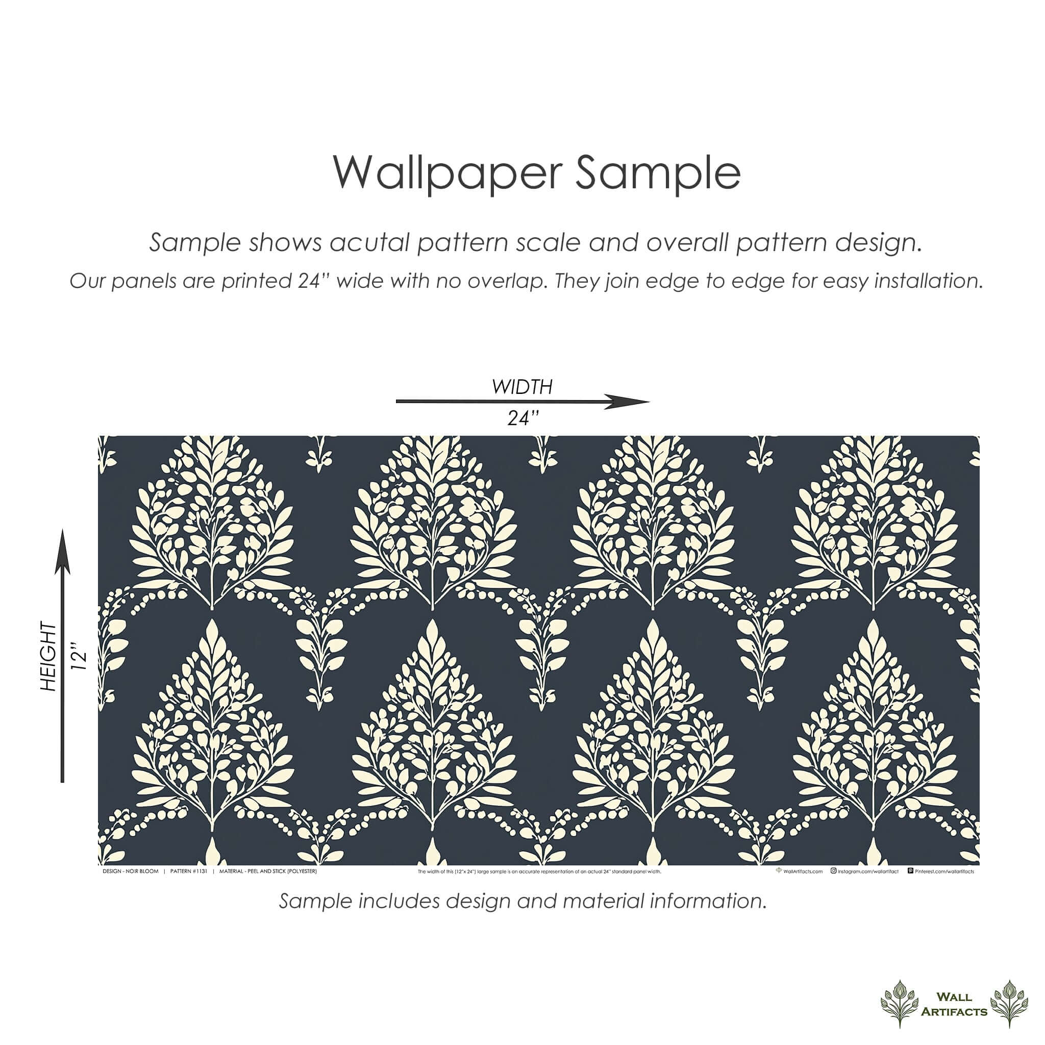 Noir Bloom wallpaper sample with creamy botanical laurel wreath florals on deep charcoal background, 24x12 inches from Wall Artifacts.