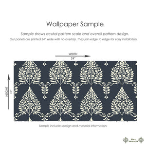 Noir Bloom wallpaper sample with creamy botanical laurel wreath florals on deep charcoal background, 24x12 inches from Wall Artifacts.