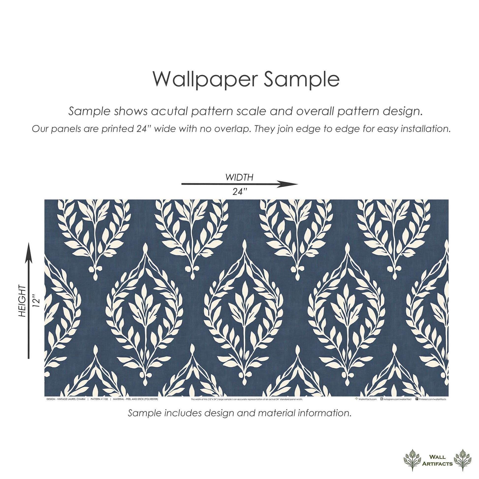 Vintage Laurel Charm wallpaper sample with slate blue background and ivory laurel wreaths, 24x12 inches, traditional florals pattern.
