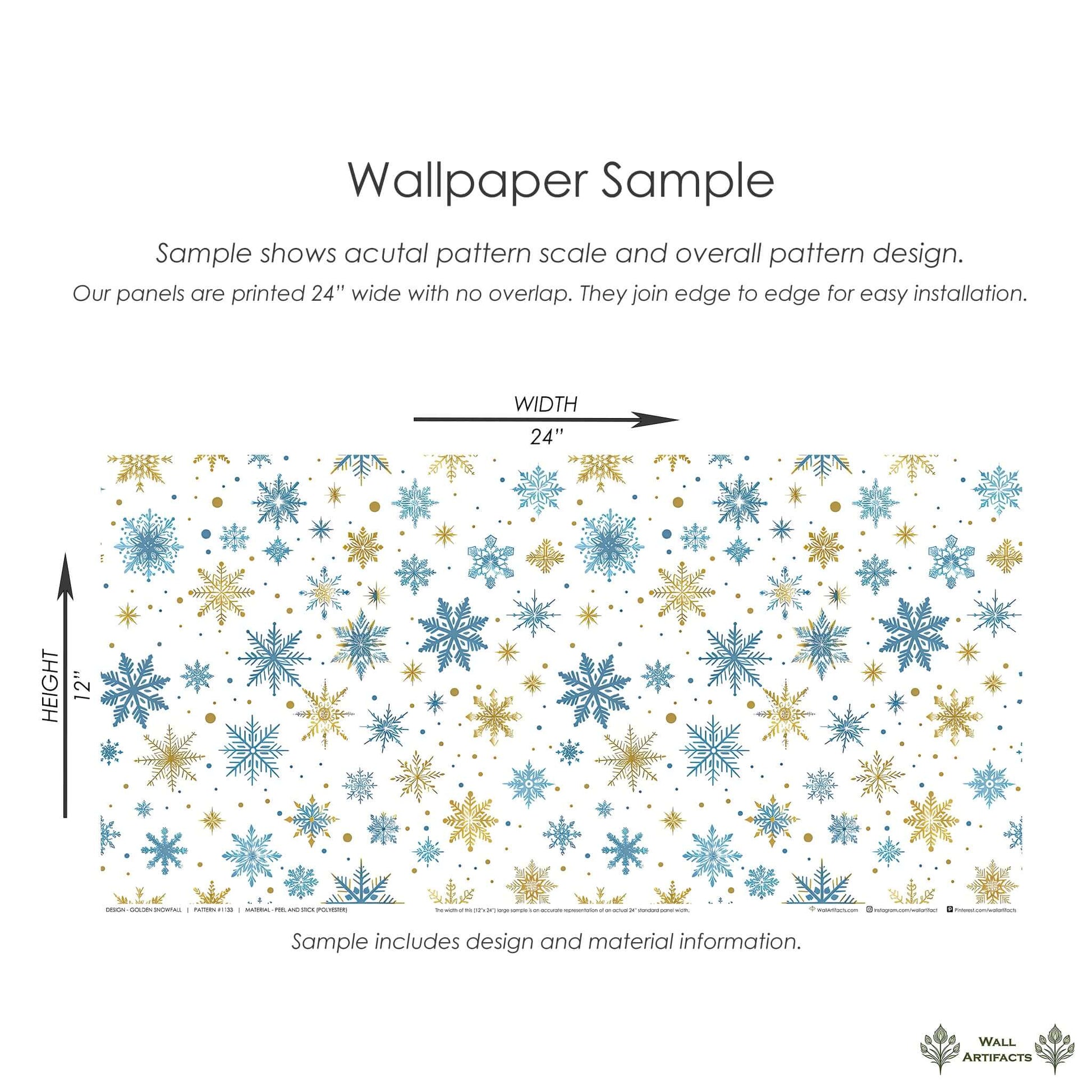 Golden Snowfall Wallpaper sample with mid-century modern gold and blue snowflakes on white, available at Wall Artifacts.