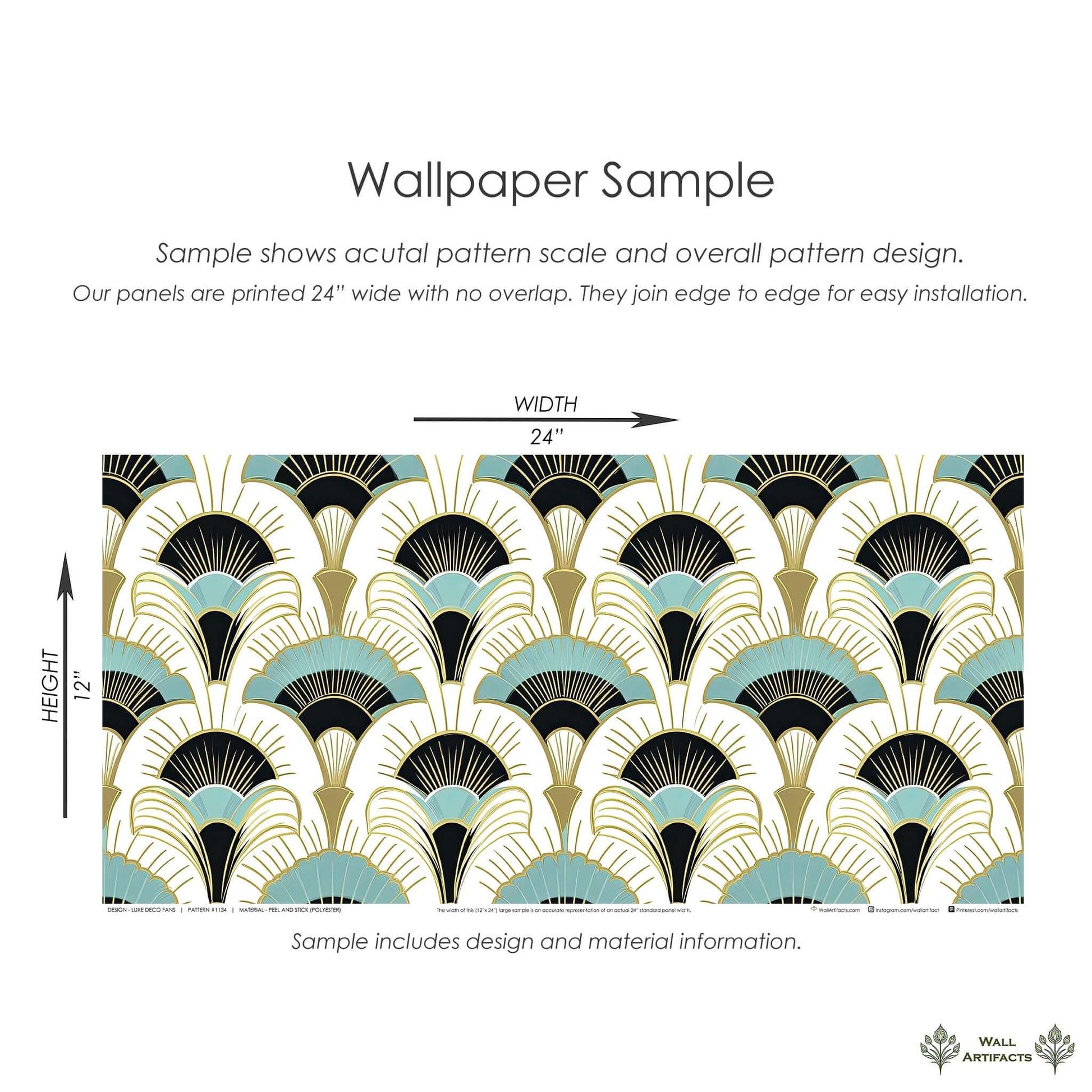 Sample of Luxe Deco Fans art deco wallpaper with teal, black, and gold metallic fan motifs, ideal for elegant vintage-inspired decor.