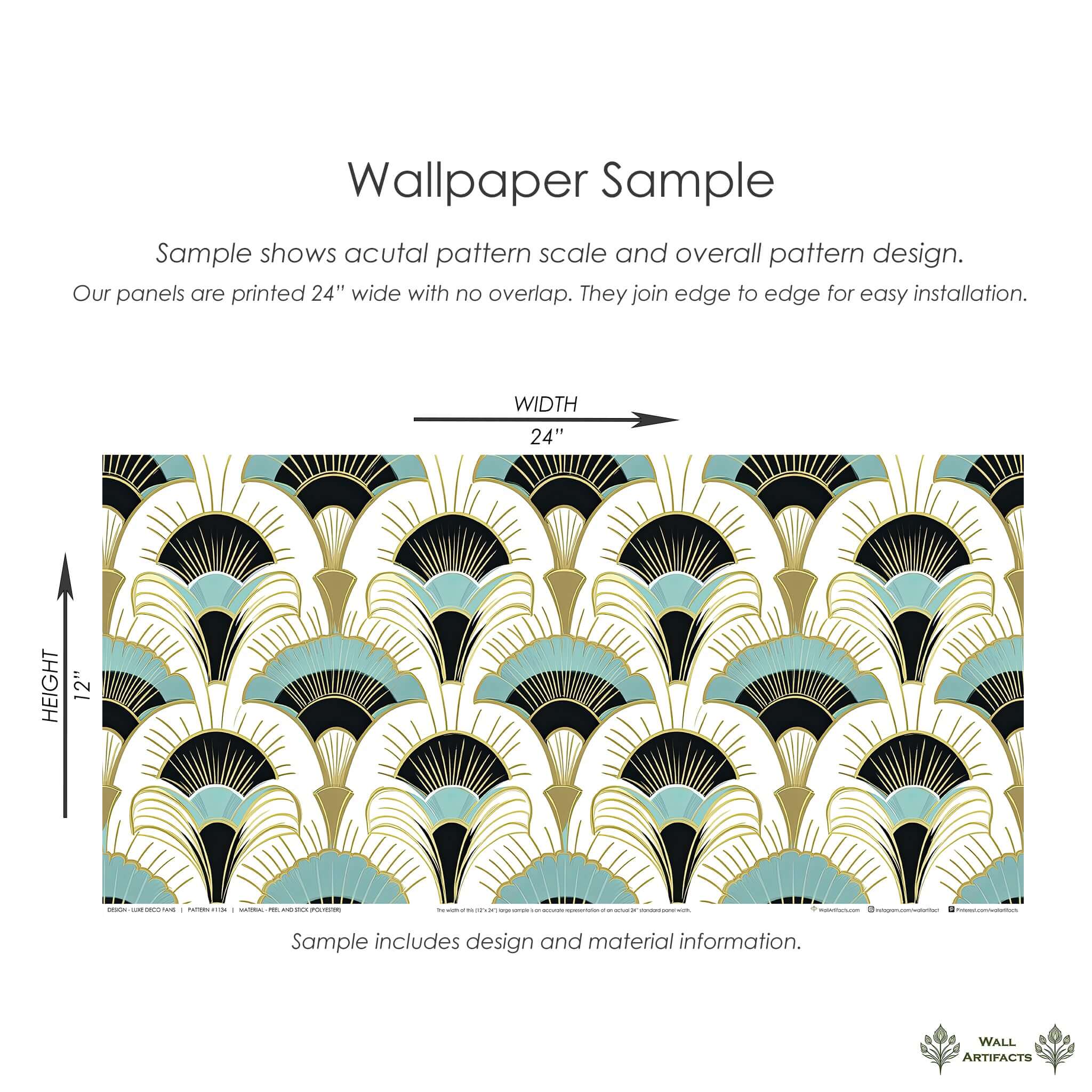 Sample of Luxe Deco Fans art deco wallpaper with teal, black, and gold metallic fan motifs, ideal for elegant vintage-inspired decor.