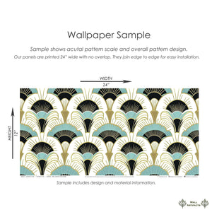Sample of Luxe Deco Fans art deco wallpaper with teal, black, and gold metallic fan motifs, ideal for elegant vintage-inspired decor.