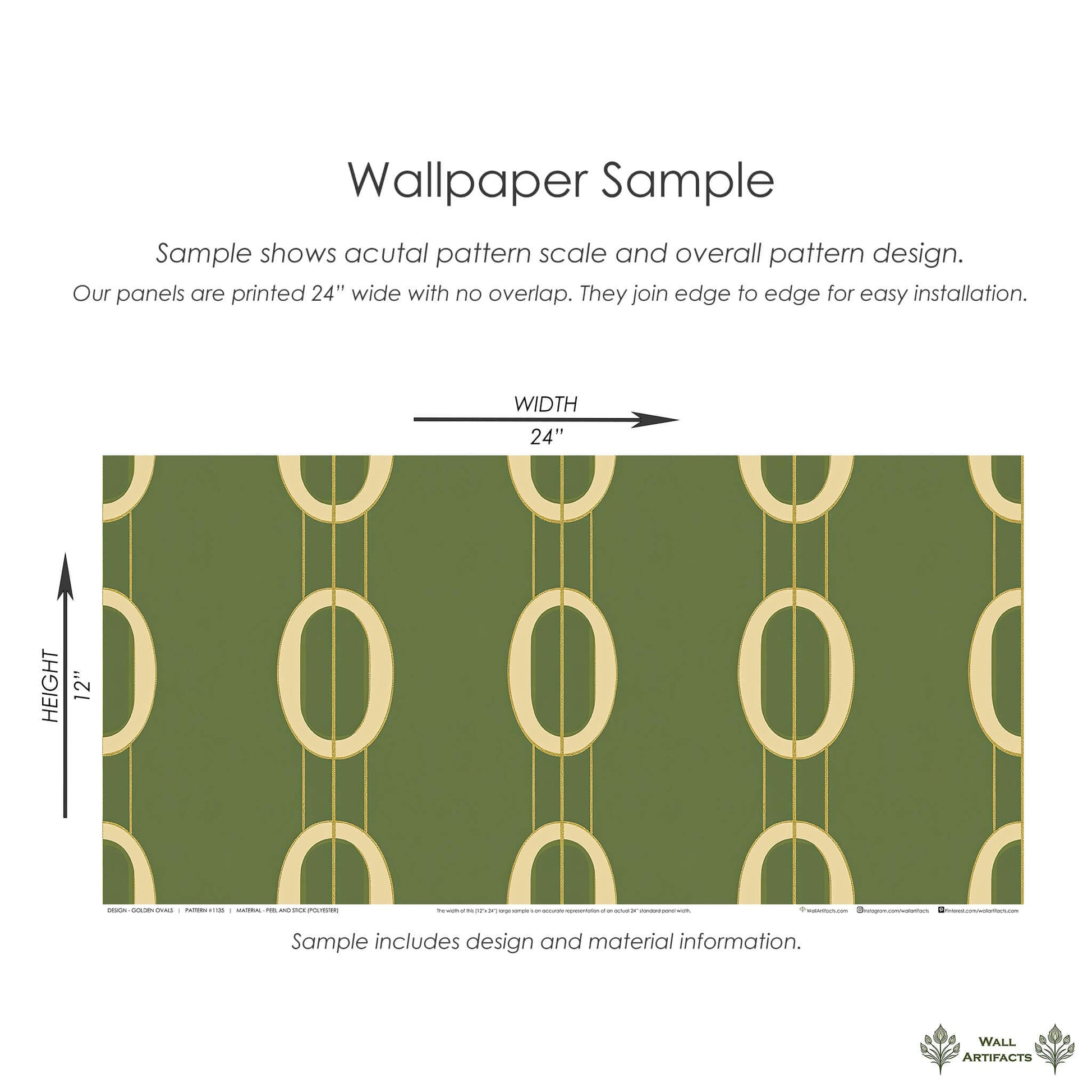 Golden Ovals mid-century modern wallpaper sample with interlocking gold ovals on olive-green background, 24x12 inch panel from Wall Artifacts.