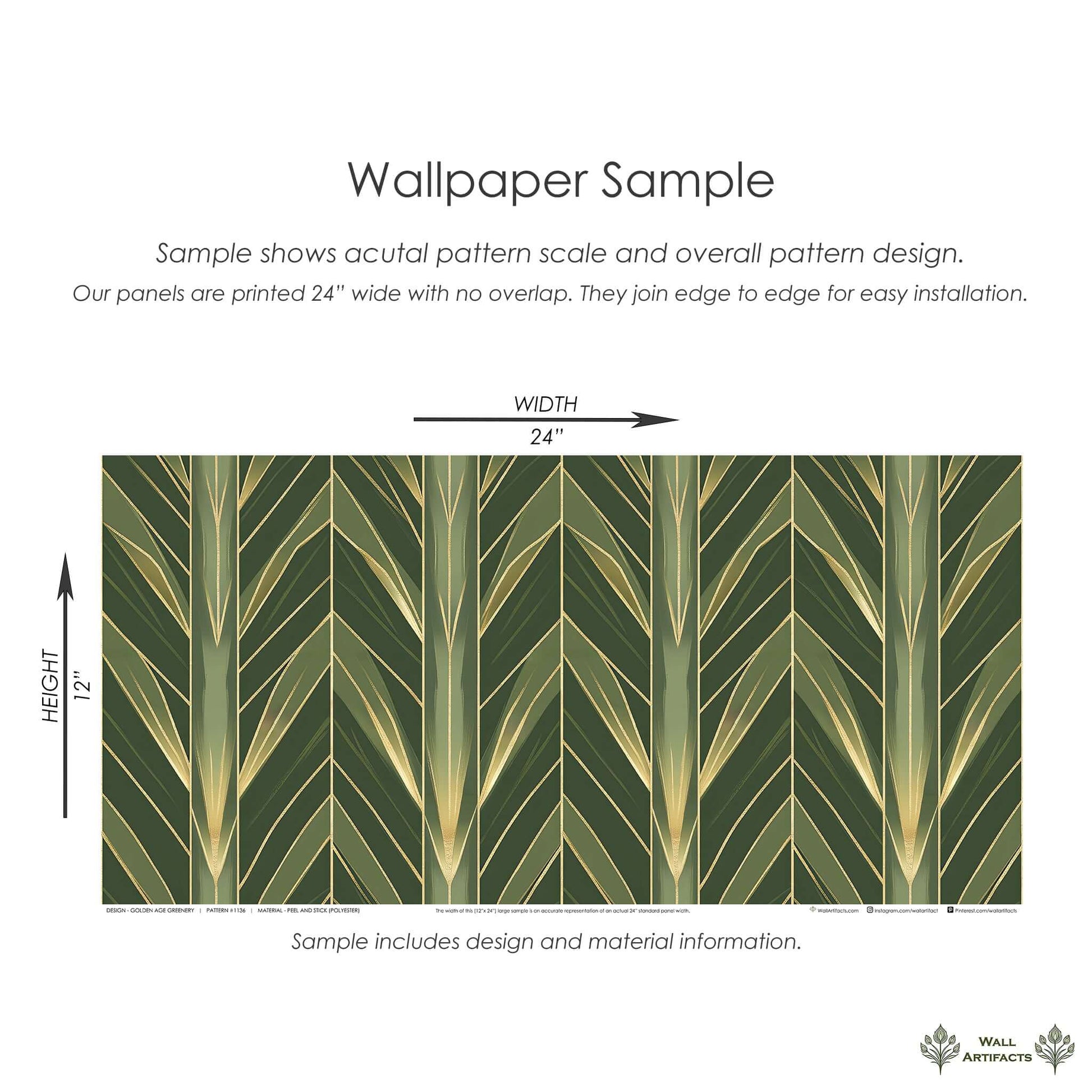 Golden Age Greenery art deco wallpaper sample with green botanical motifs and gold details, showcasing 24x12-inch design scale.