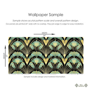 Art Deco wallpaper sample with jade and gold fan motifs on black backdrop, showcasing design scale and installation details.