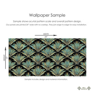 Art Deco wallpaper sample with teal, gold, and black fan pattern, 24" x 12" dimensions, ideal for sophisticated interiors.