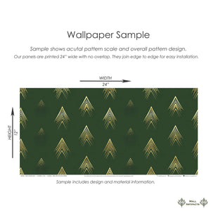 Deco Forest Luxe wallpaper sample featuring Art Deco golden arrow pattern on forest green background.