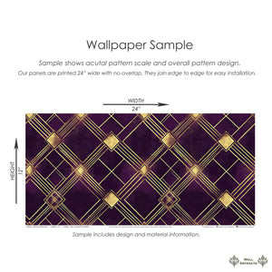 Deco Diamond Noir Art Deco wallpaper sample with plum and gold geometric diamond patterns, 24x12 inches. Perfect for vintage decor.