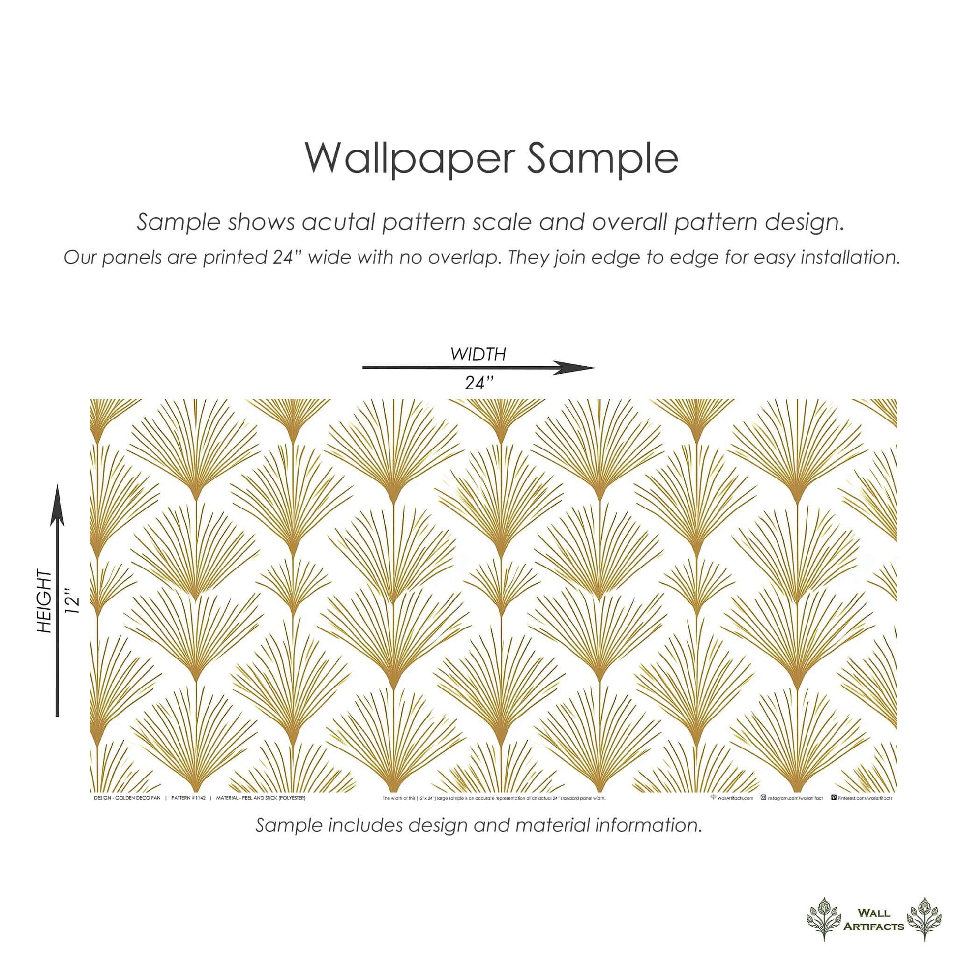 Golden Deco Fan Wallpaper sample with gold art deco fan pattern on white, showcasing dimensions for installation.