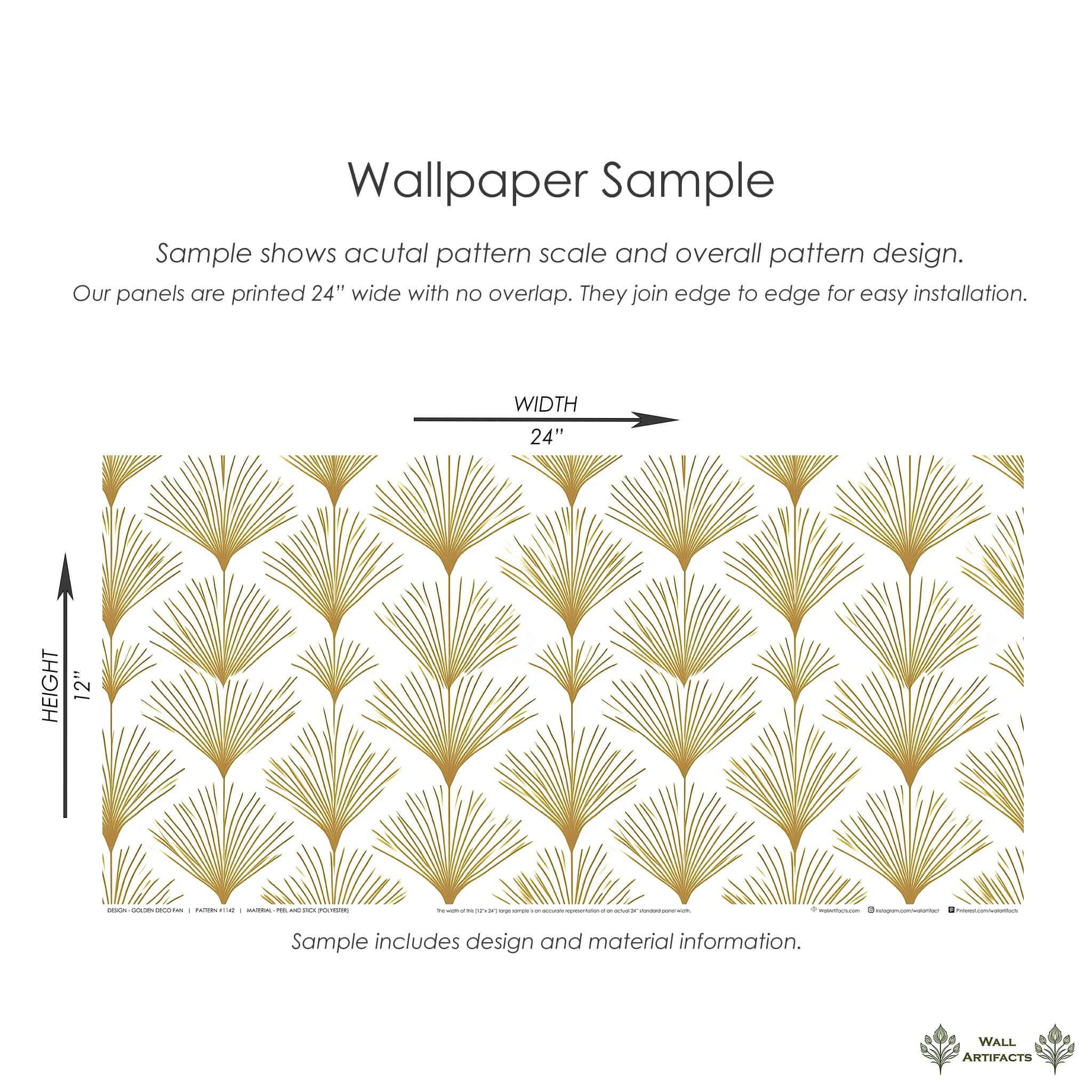 Golden Deco Fan Wallpaper sample with gold art deco fan pattern on white, showcasing dimensions for installation.