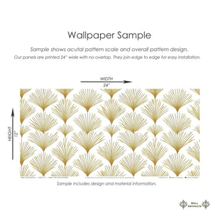 Golden Deco Fan Wallpaper sample with gold art deco fan pattern on white, showcasing dimensions for installation.