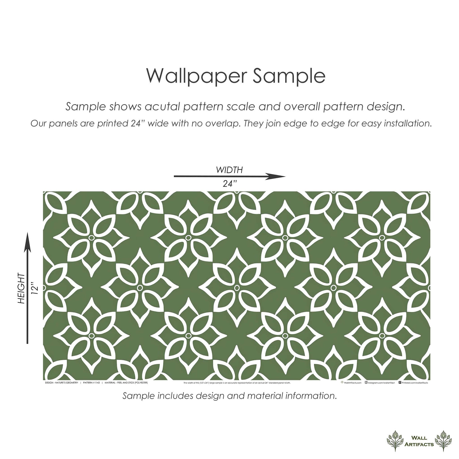 Modern geometric tile wallpaper sample with white floral shapes and sage green background, ideal for accent walls.