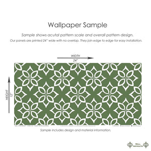 Modern geometric tile wallpaper sample with white floral shapes and sage green background, ideal for accent walls.