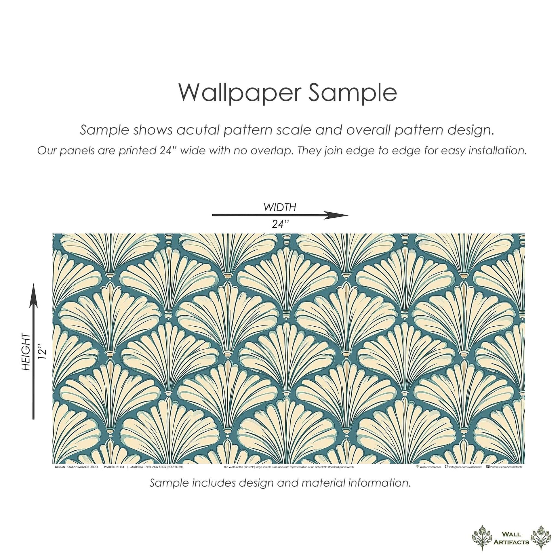 Ocean Mirage Deco wallpaper sample with Art Deco fan motifs in cream and teal, illustrating coastal influence and seamless pattern design.