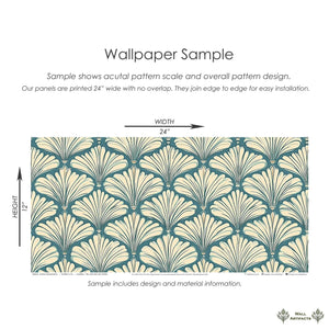 Ocean Mirage Deco wallpaper sample with Art Deco fan motifs in cream and teal, illustrating coastal influence and seamless pattern design.