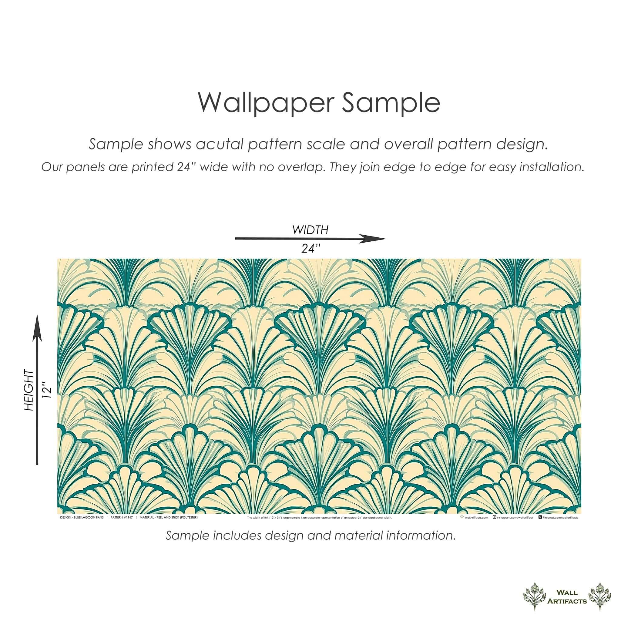 Blue Lagoon Fans Art Deco wallpaper sample with teal fan motifs on a sandy background, showcasing coastal influence and elegance.