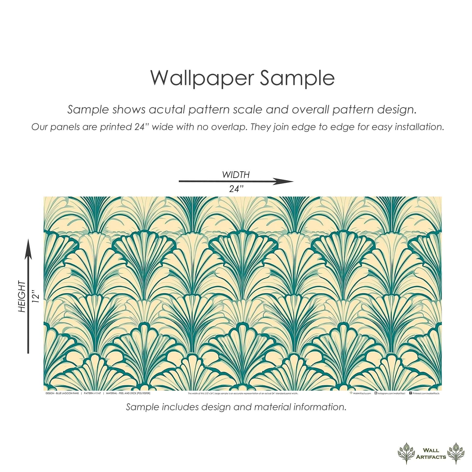 Blue Lagoon Fans Art Deco wallpaper sample with teal fan motifs on a sandy background, showcasing coastal influence and elegance.