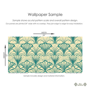 Blue Lagoon Fans Art Deco wallpaper sample with teal fan motifs on a sandy background, showcasing coastal influence and elegance.