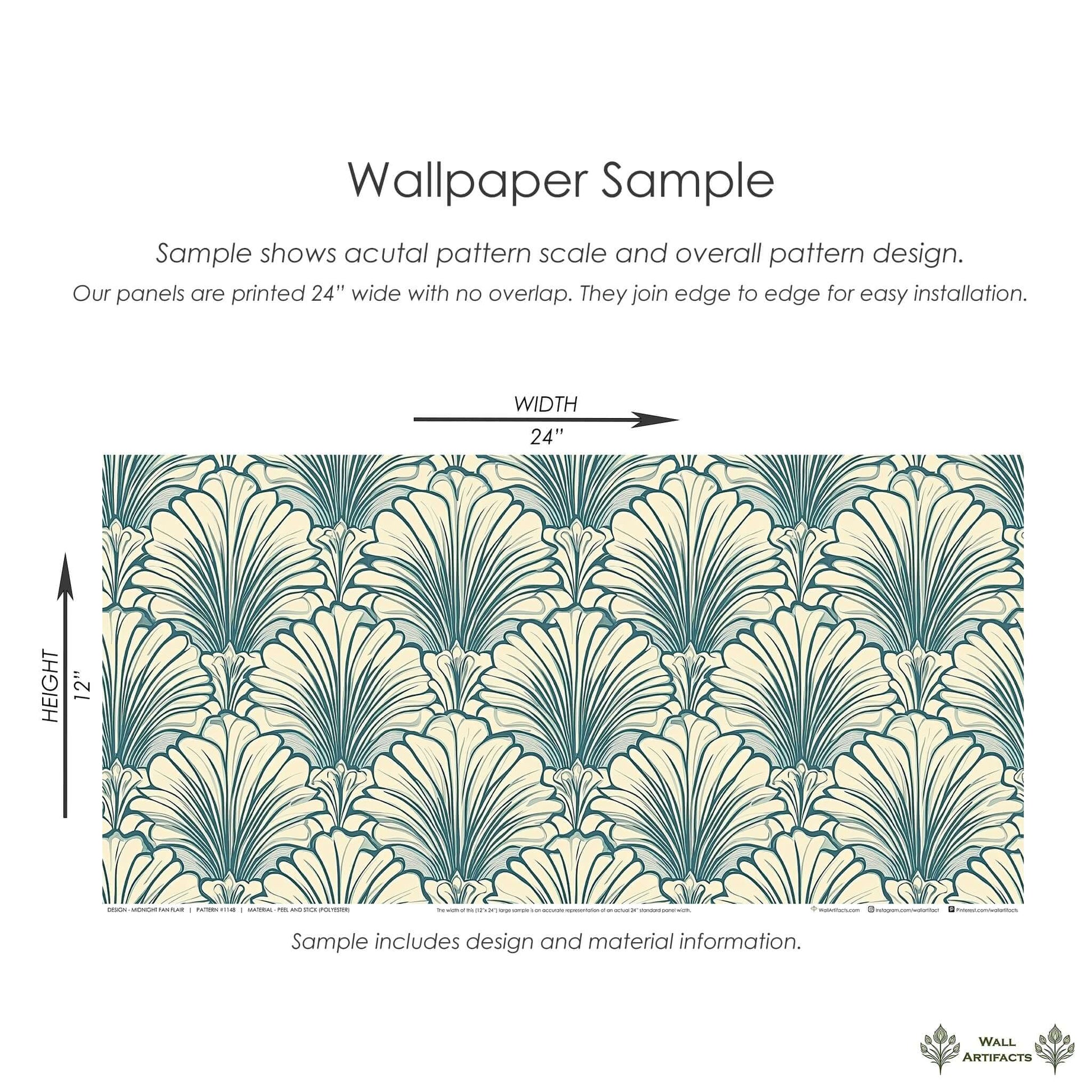Art Deco wallpaper sample with teal and cream fan pattern, 24x12 inches, ideal for coastal-themed interiors and accent walls.