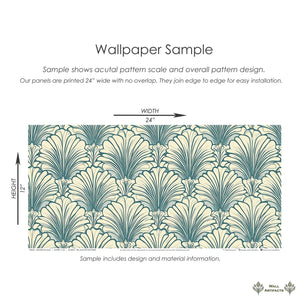 Art Deco wallpaper sample with teal and cream fan pattern, 24x12 inches, ideal for coastal-themed interiors and accent walls.