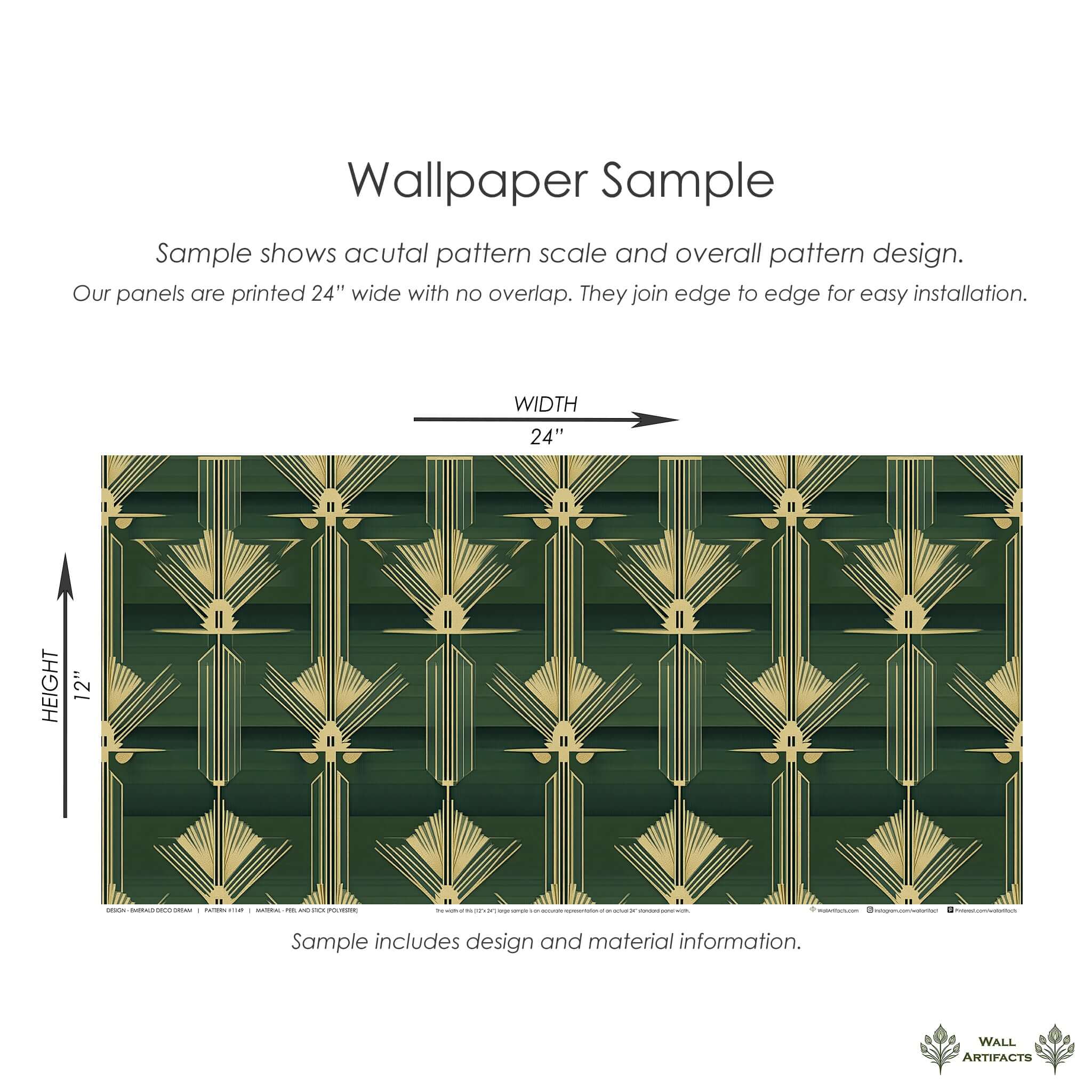 Art Deco emerald wallpaper sample with metallic gold design, showcasing pattern scale and dimensions for easy installation.