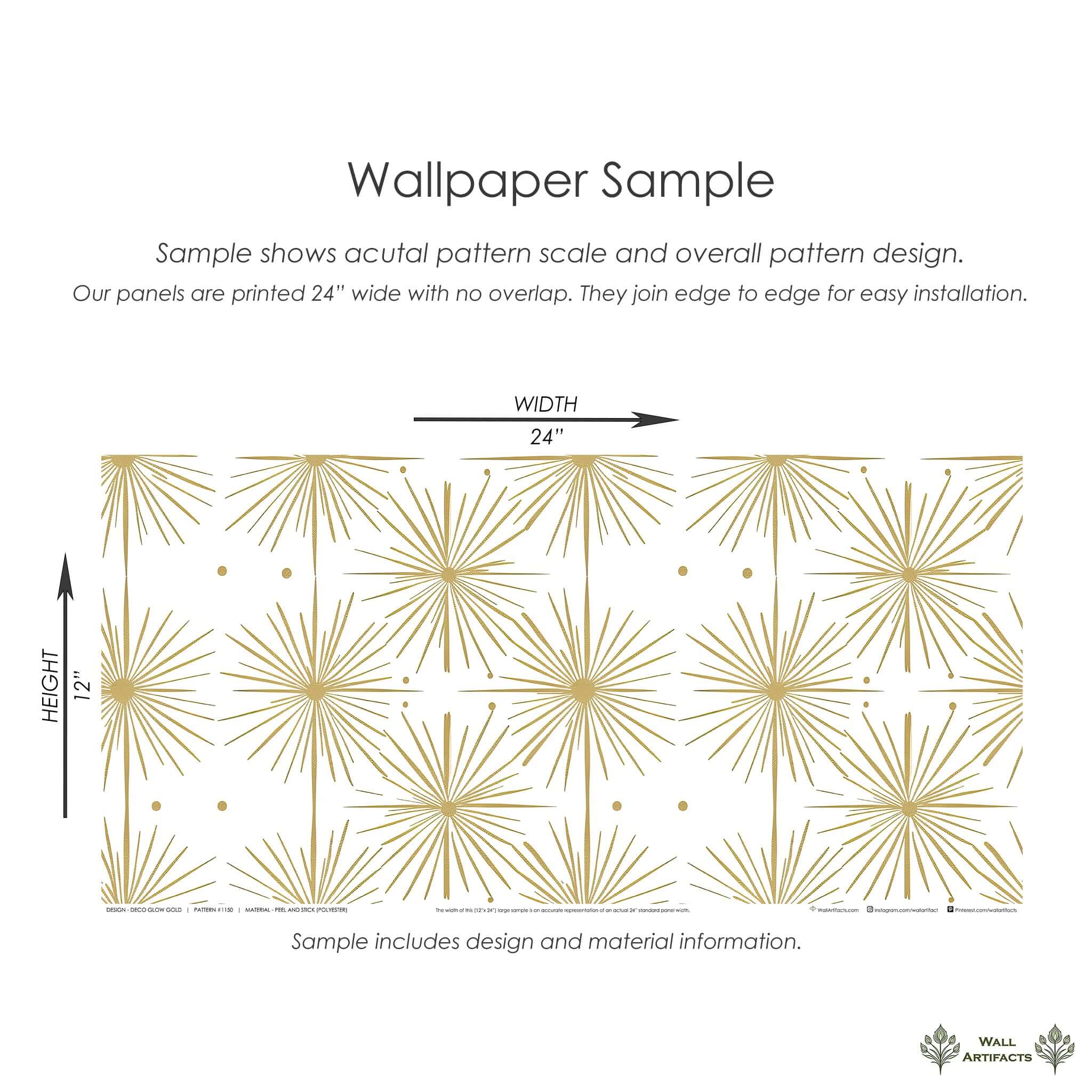 Alt Tag: Deco Glow Gold Wallpaper sample with mid-century-modern starburst pattern, 24" x 12", featuring gold motifs on white background.