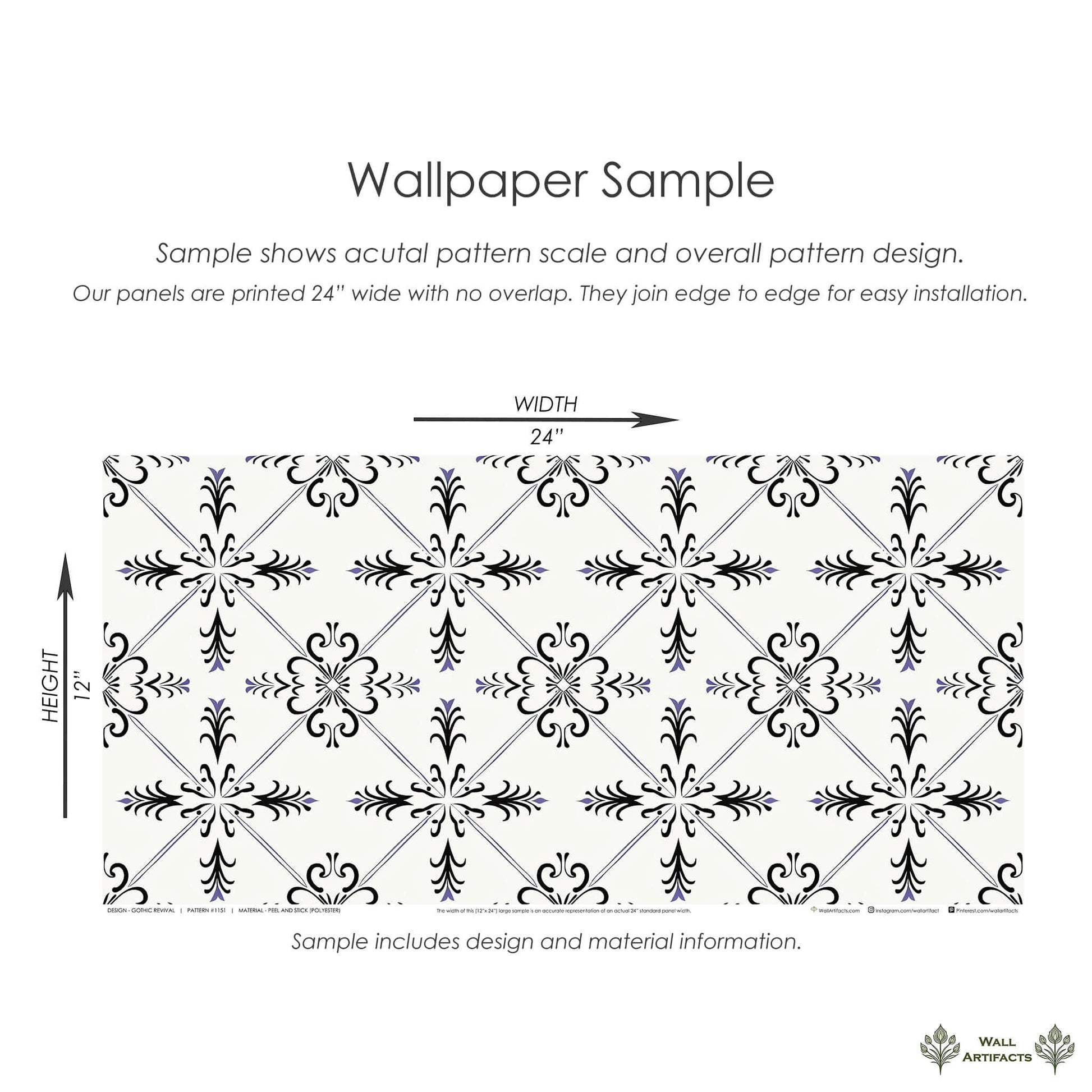 Gothic Revival wallpaper sample with geometric tile pattern, featuring black and violet gothic motifs on ivory background.