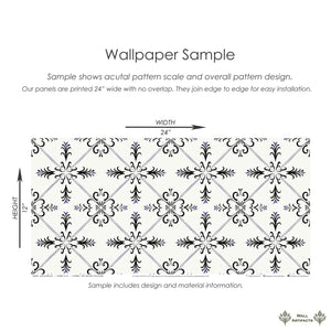 Gothic Revival wallpaper sample with geometric tile pattern, featuring black and violet gothic motifs on ivory background.