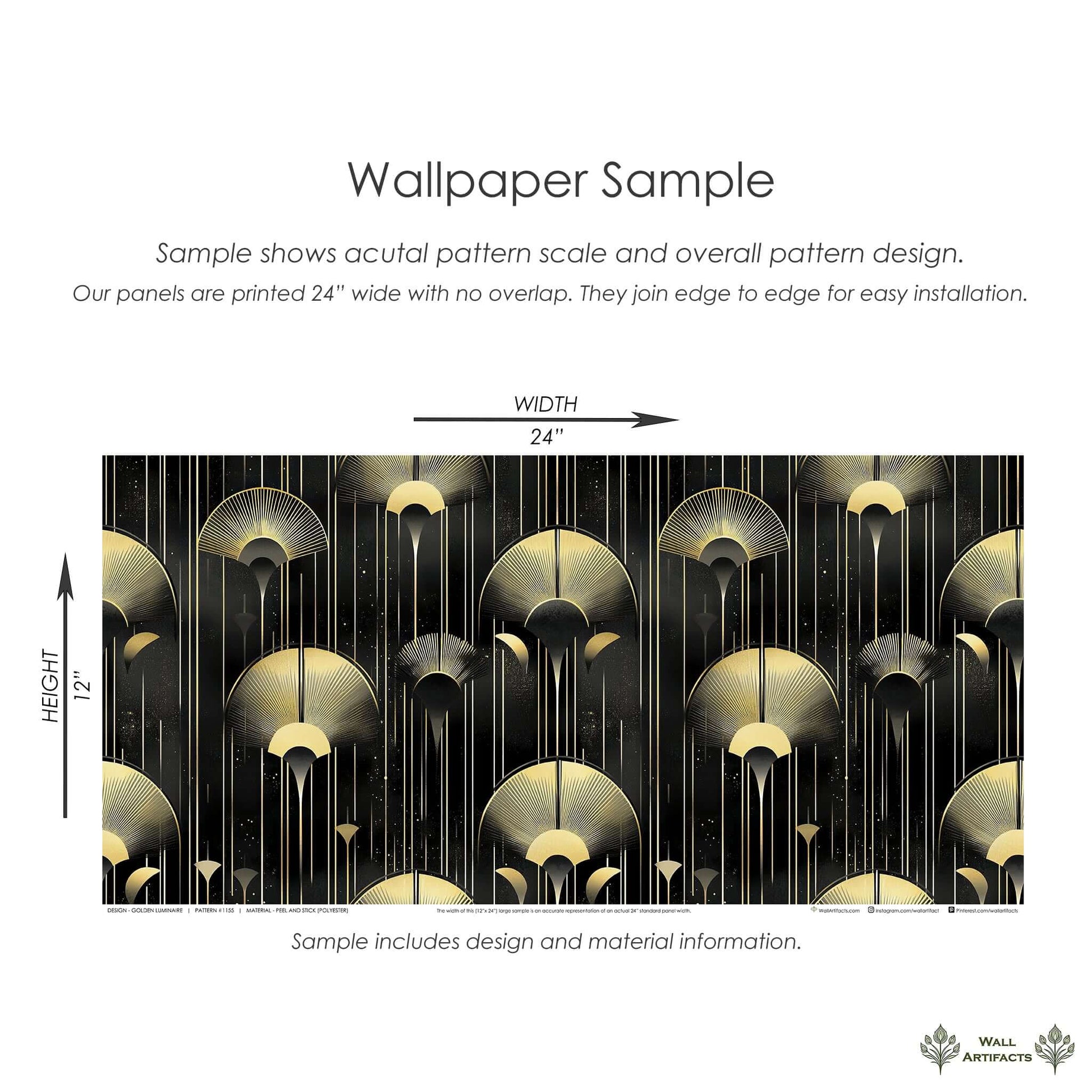 Art Deco wallpaper sample with gold embellishments on dark background, showcasing the Golden Luminaire design, 24x12 inches.