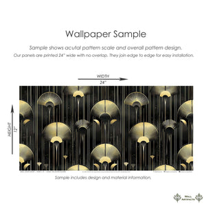 Art Deco wallpaper sample with gold embellishments on dark background, showcasing the Golden Luminaire design, 24x12 inches.