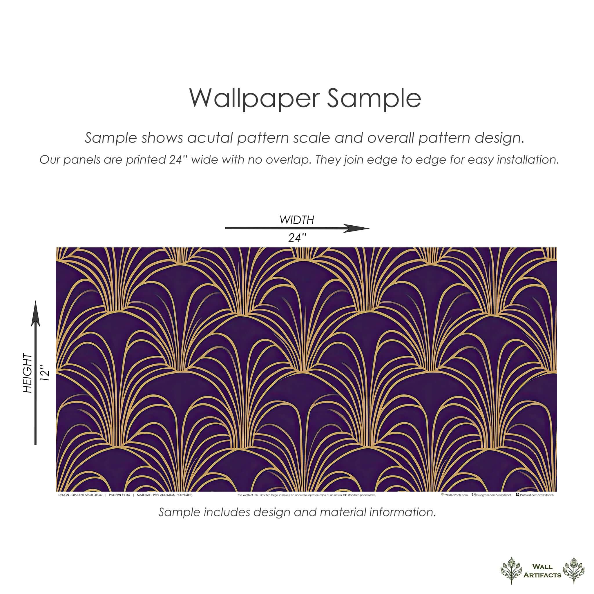 Art Deco plum and gold arches wallpaper sample, showcasing luxurious pattern and scale.