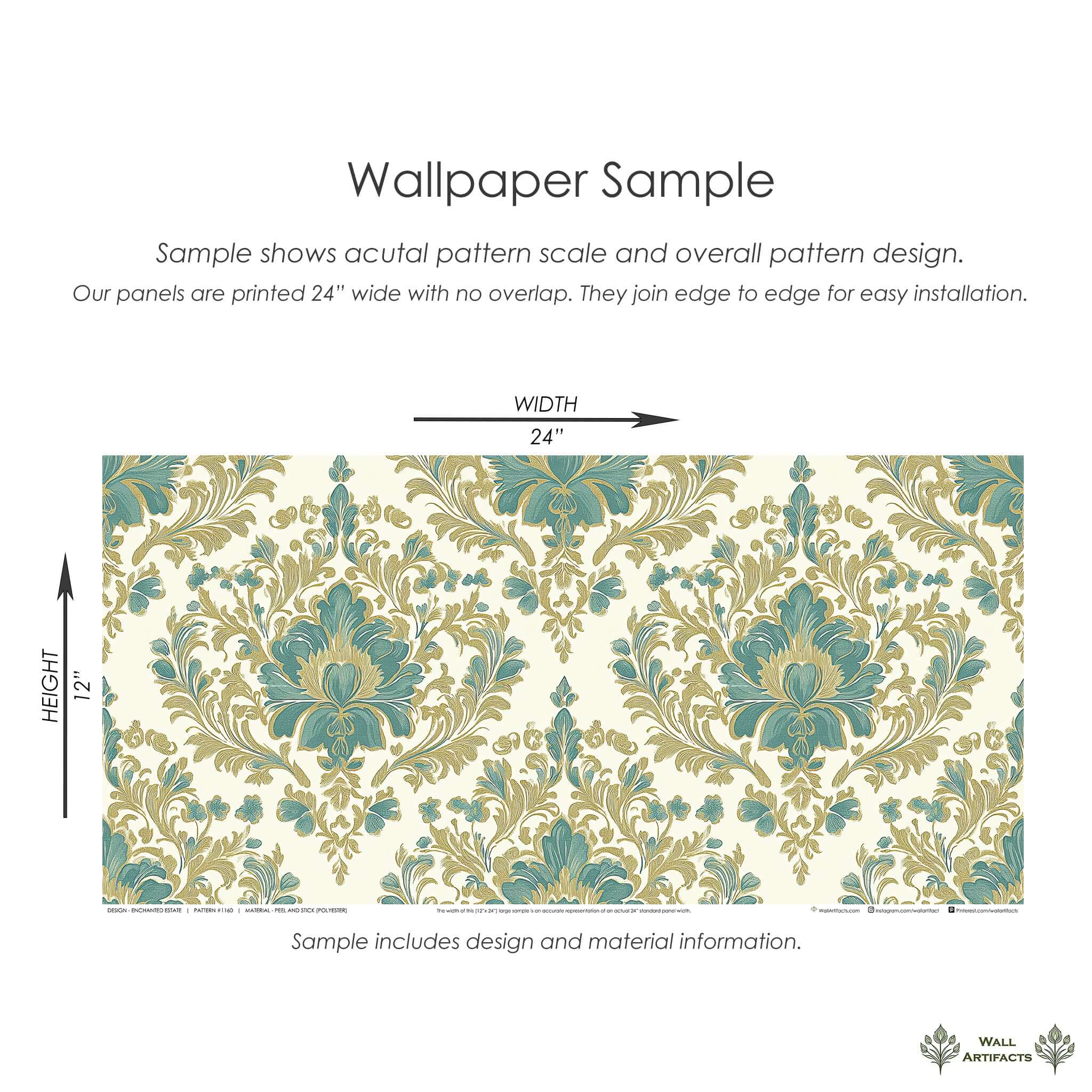 Enchanted Estate damask wallpaper with teal and gold botanical print on ivory; vintage design, 24x12 sample.