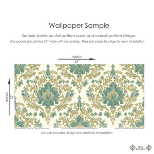 Enchanted Estate damask wallpaper with teal and gold botanical print on ivory; vintage design, 24x12 sample.