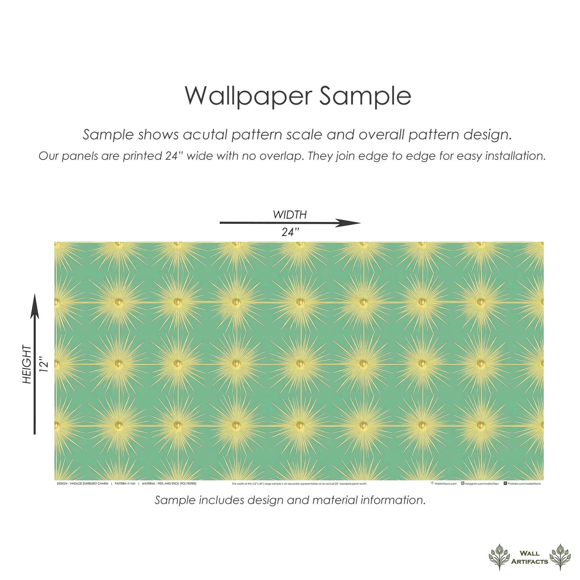Vintage Sunburst Charm wallpaper sample with mid-century modern starburst motifs on a teal background, ideal for accent walls.