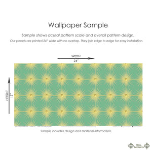 Vintage Sunburst Charm wallpaper sample with mid-century modern starburst motifs on a teal background, ideal for accent walls.