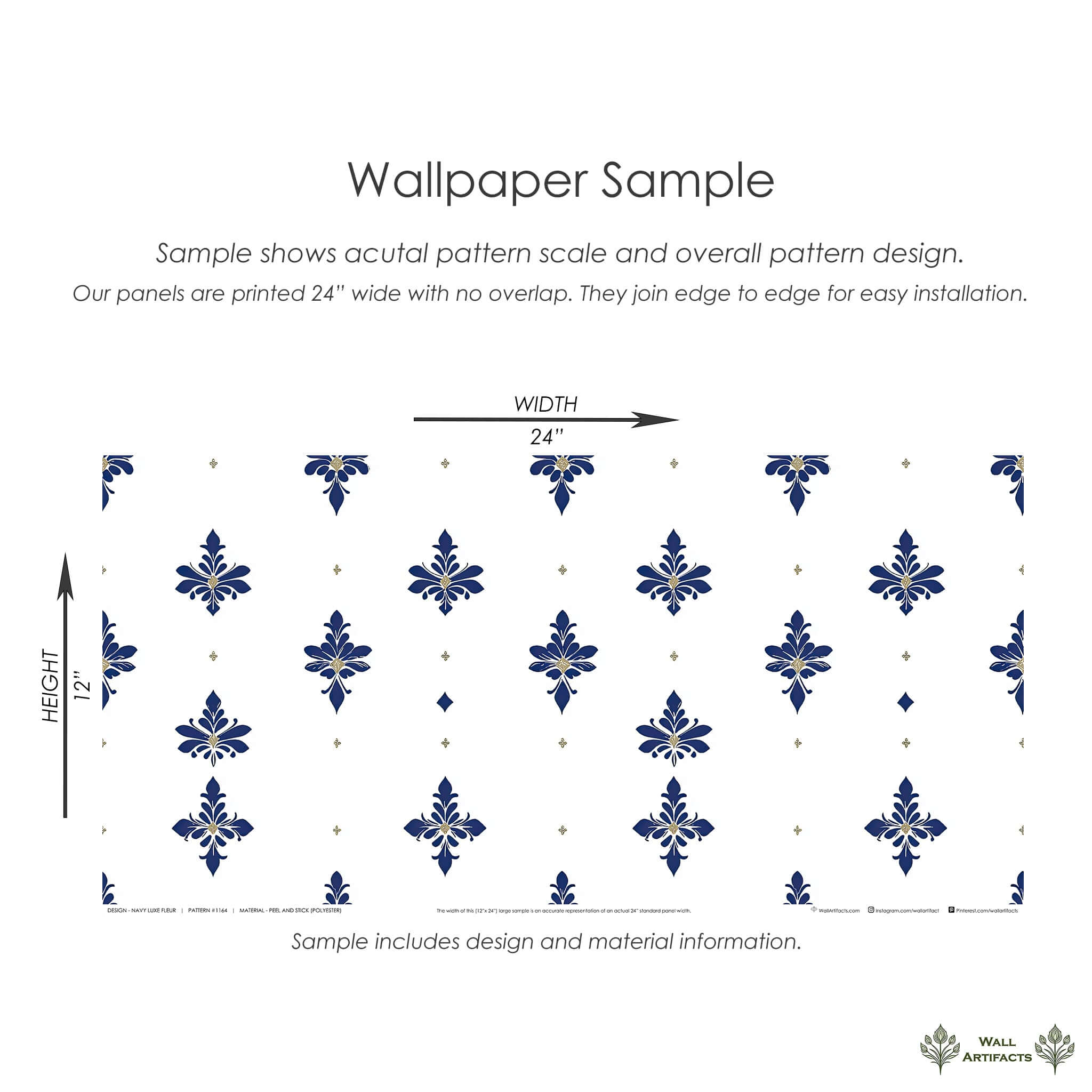 Navy Luxe Fleur wallpaper sample showing fleur-de-lis pattern with gold highlights on white background, perfect for elegant interiors.
