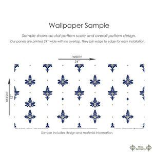 Navy Luxe Fleur wallpaper sample showing fleur-de-lis pattern with gold highlights on white background, perfect for elegant interiors.