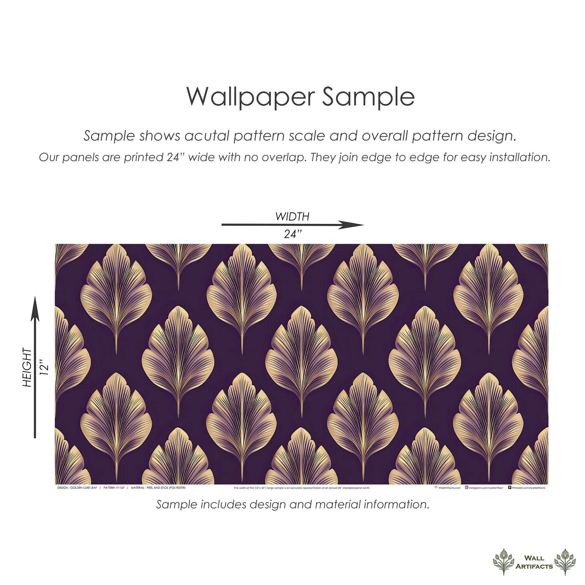 Golden Luxe Leaf Wallpaper sample featuring gold leaves on plum, inspired by Art Deco and Art Nouveau motifs, ideal for modern interiors.