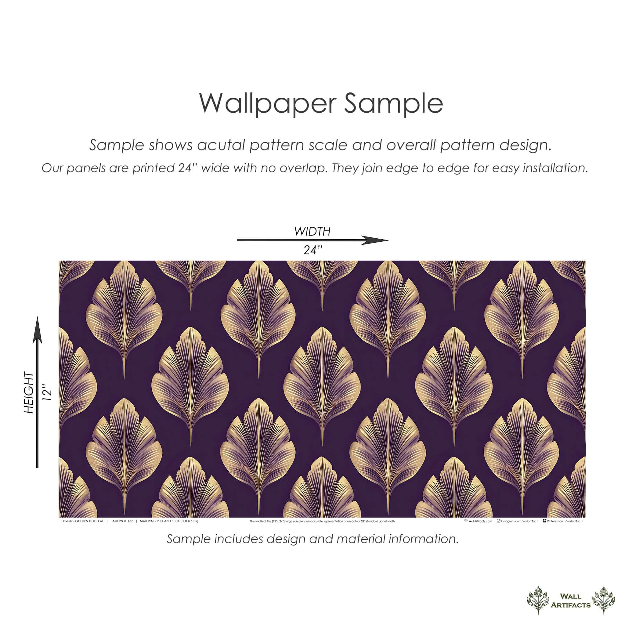 Golden Luxe Leaf Wallpaper sample featuring gold leaves on plum, inspired by Art Deco and Art Nouveau motifs, ideal for modern interiors.