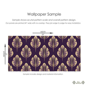 Golden Luxe Leaf Wallpaper sample featuring gold leaves on plum, inspired by Art Deco and Art Nouveau motifs, ideal for modern interiors.